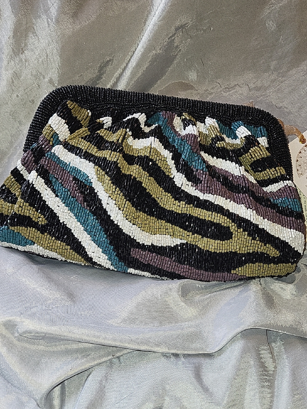 From India To You Beaded Stripe Evening Clutch - Black, White, Teal, Olive Rt Hh